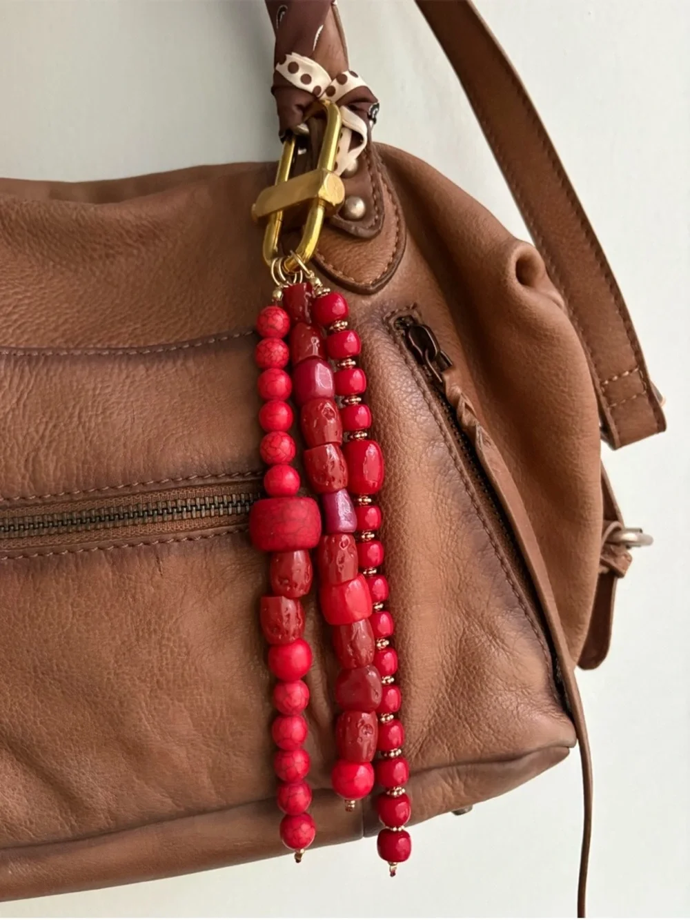 Free People Prismatic Beaded Bag Charm Keychain Red Semi Precious & Brass Clasp